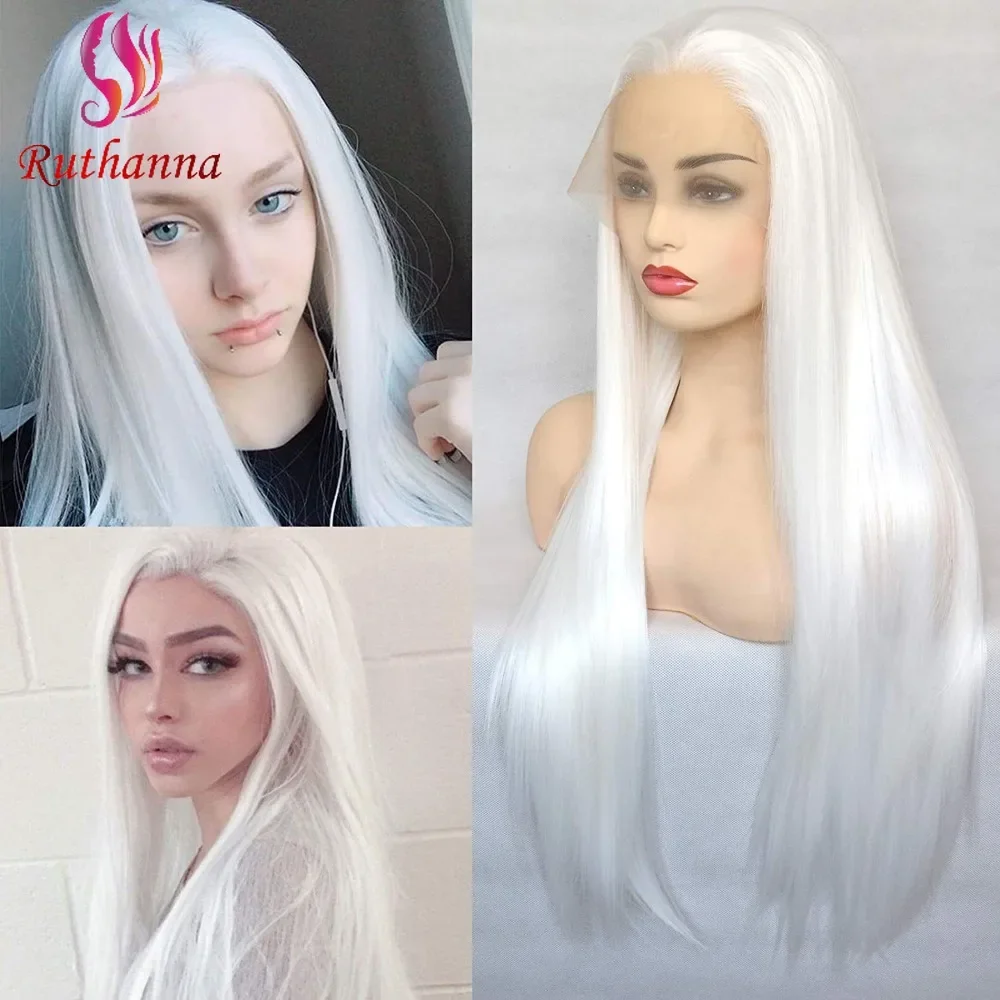 13x4 Lace Front White Synthetic Middle Part Long Straight Wig For Women 24 Inch Transparent Lace Frontal High Quality Wig Daily