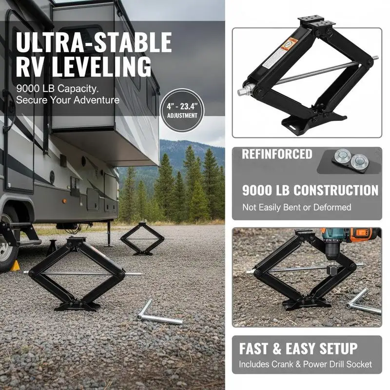 Heavy Duty Lifting Struts 4-23.4 in For Travel Trailer Camper Motorhome, Large Weight Capacity Crank Handle Leveling Tool Set 2 Pack Steel Construction High Stability Structural Support Included Socket Bubble Levels view 4