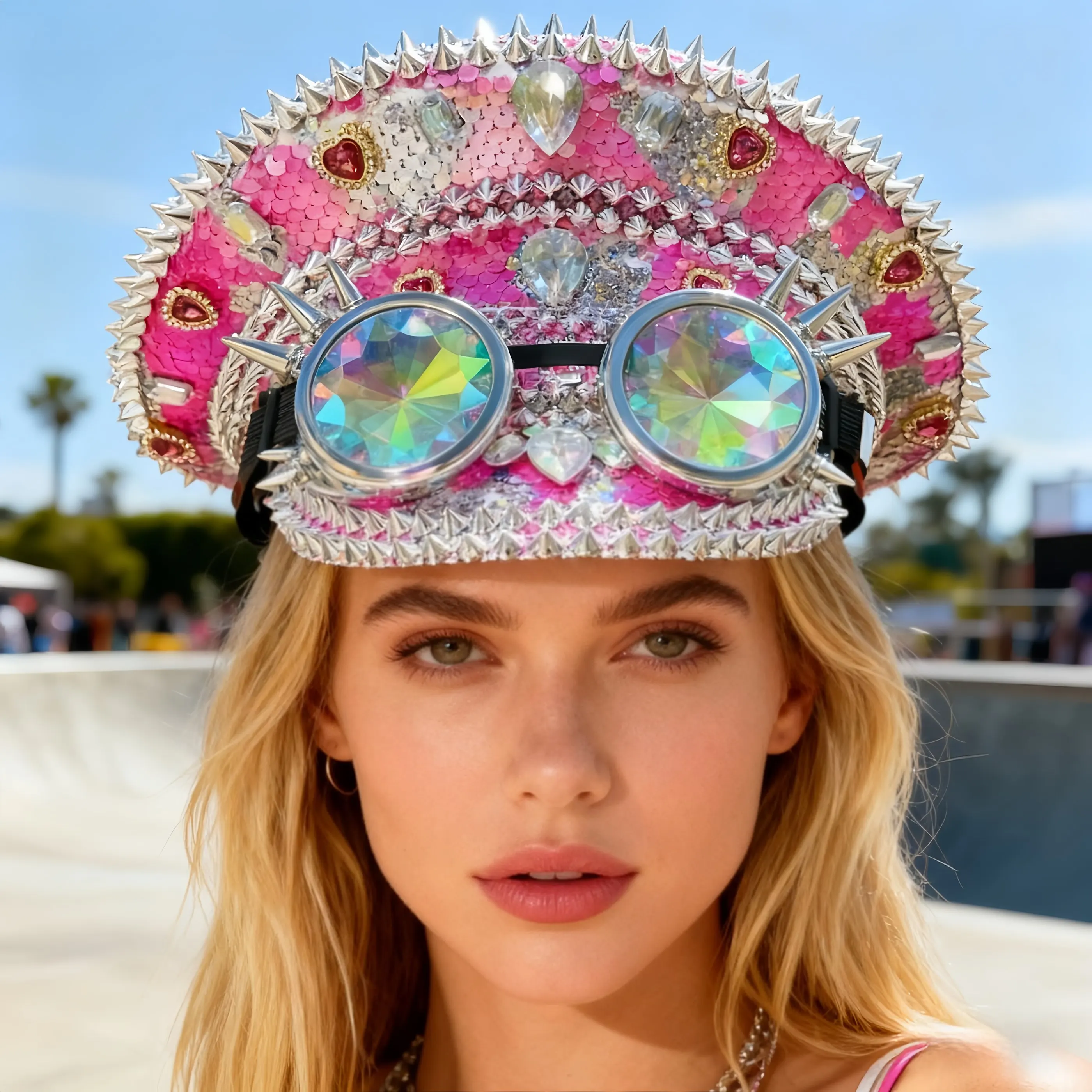 

HongLuan Pink Steampunk Captain Hat Rhinestone with Goggles for Burning Man Festival Woman, Military Accessories & Cap for Man