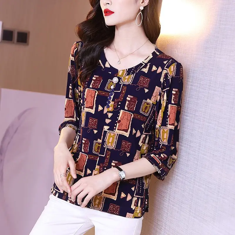 Vintage Elegant Graphic Print Chic Beaded Shirt for Women Casual Round Neck Three Quarter Sleeve Top Blouse Blusas De Mujer 2023