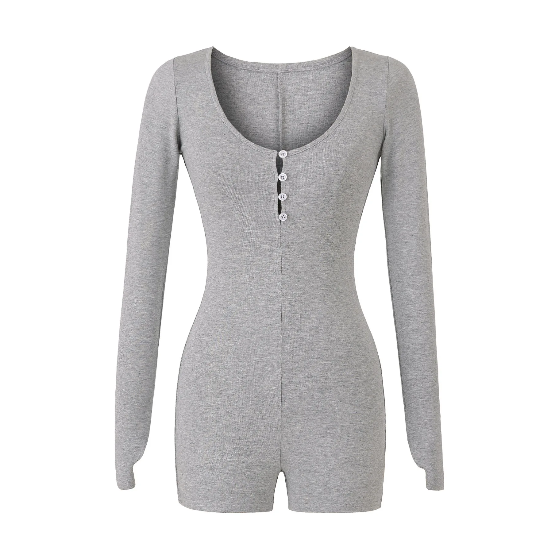 Jumpsuit bodysuit wanita lengan panjang berkancing pendek