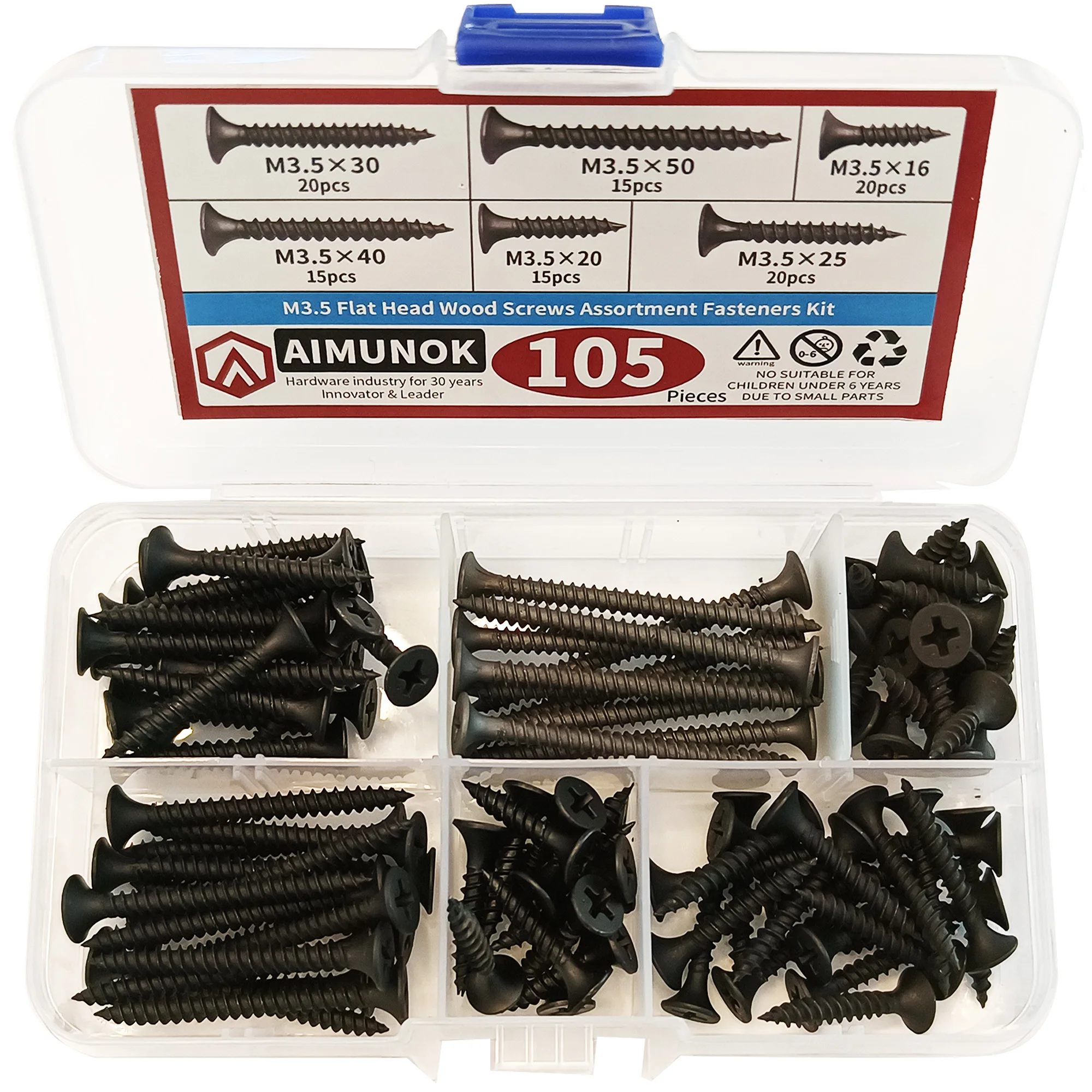 

105pcs M3.5 Flat Head Wood Screws Assortment Fasteners kit Repair Tool Safety Threaed Insert Fittings Accessories