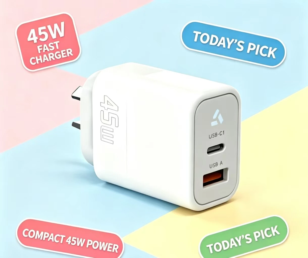 45W GaN Wall Charger US Plug USB‑A Type‑C Dual Output PD  Fast Charging Compact Portable Charger for Smartphones Tablets Laptops