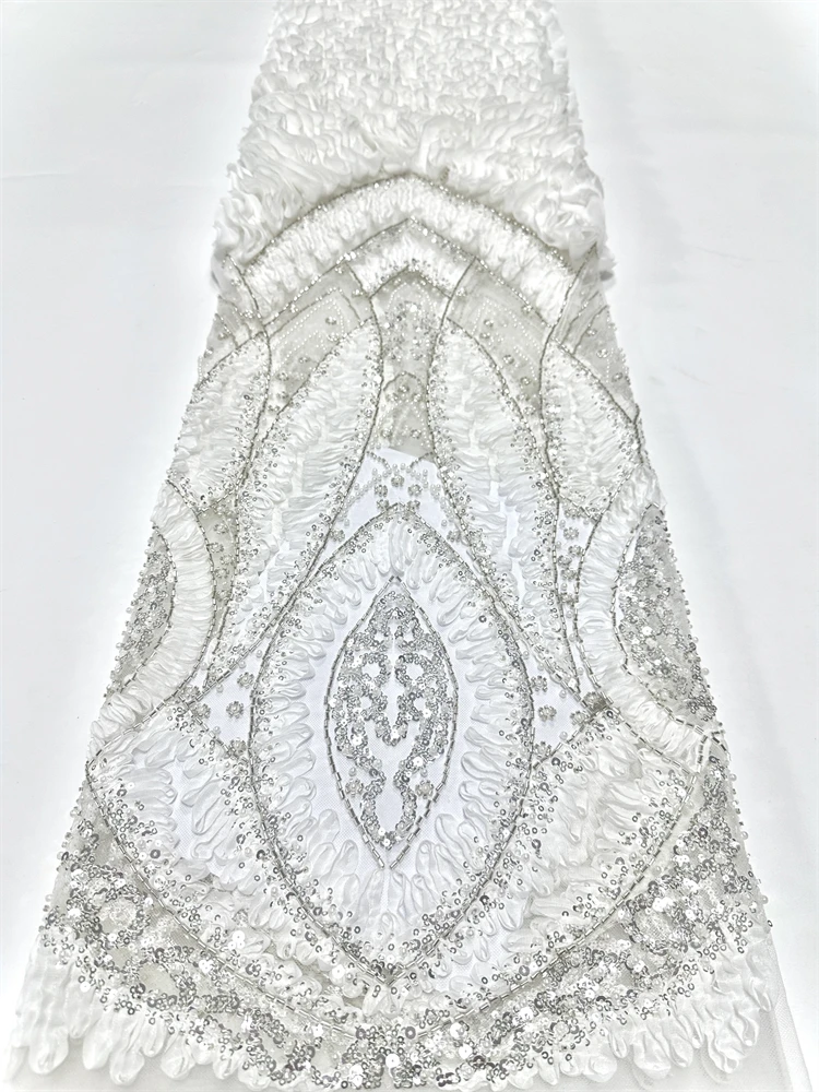 

2025 Luxury African Lace Fabric 5 Yards Sequins Beaded Tulle Lace Fabric Embroidered Nigerian Fabric for Wedding Dress