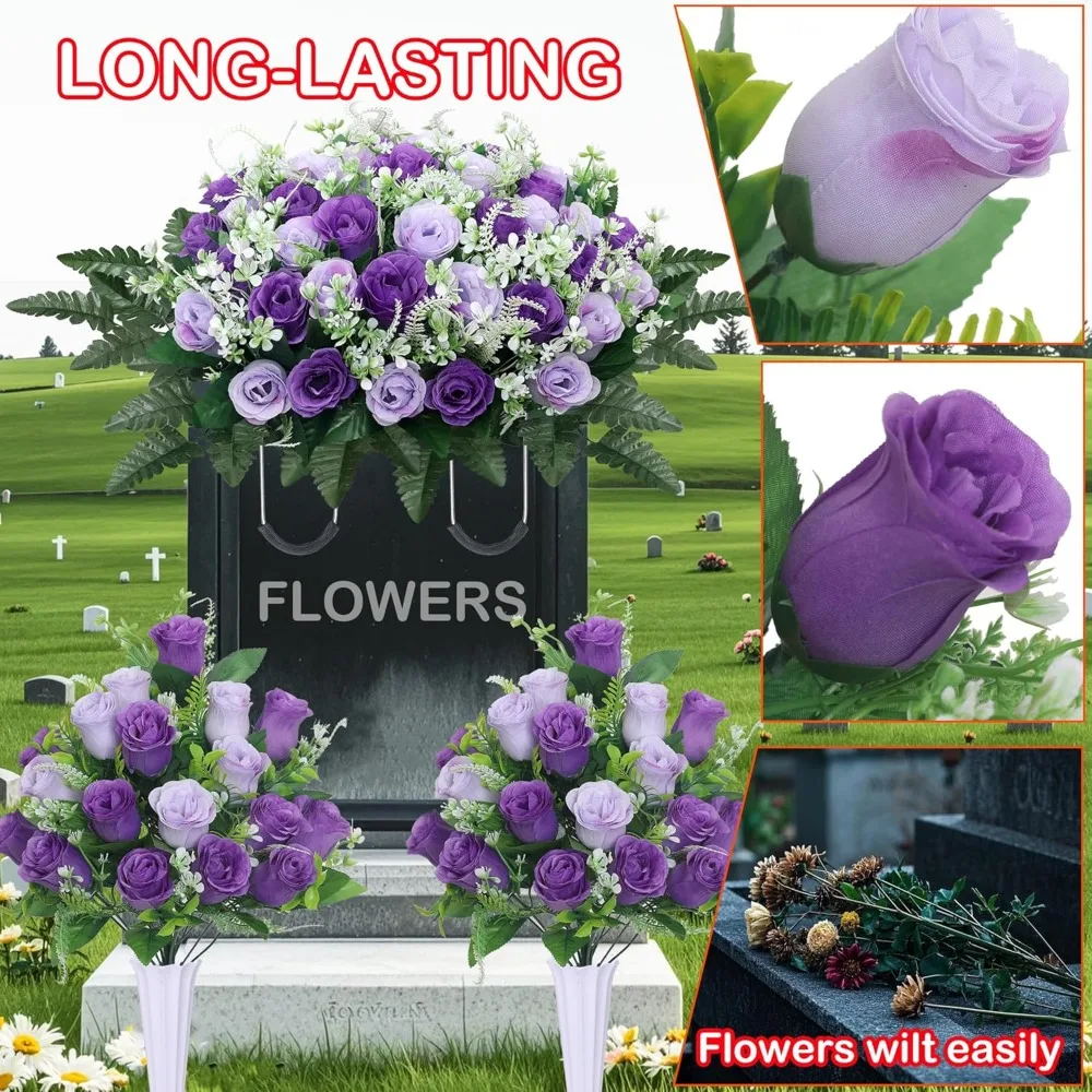 Purple Cemetery Memorial Rose Headstone Flowers with Vase for Tombstone Decoration