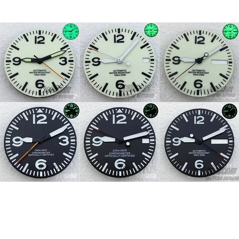 Schwarz-Weißes Piloten-Zifferblatt 29mm mit Zeigern, Voll Leuchtendes Zifferblatt Passend für NH34 NH35 NH36 Uhrwerk, Grüne Leuchtende Uhrenteile Zubehör