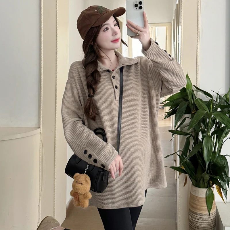 

2025 Y2K New Korean Style Maternity Hoodie for Autumn/Winter - Youthful Loose Fit Oversized Pullovers for Pregnant Women Chic