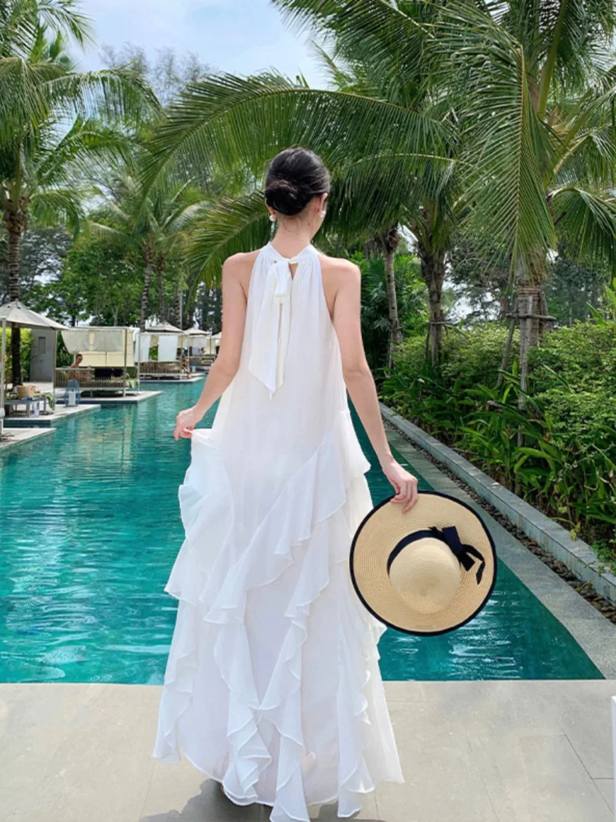 Mulheres praia férias vestido longo fita bolo tropical camadas vestido senhora viagem lua de mel tailândia maldive bali doce vestido de fadas