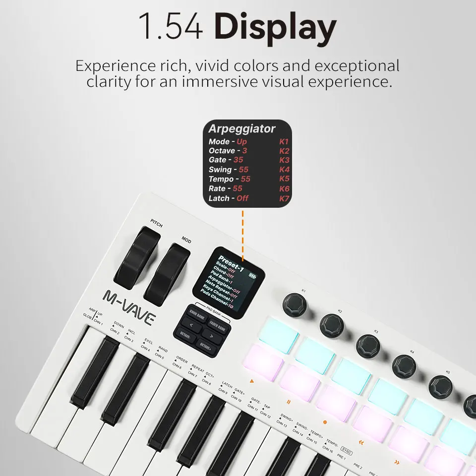 M-VAVE SMK-37 PRO Teclado MIDI de 37 teclas, almohadillas de batería, fuente de sonido, teclado 16 RGB, compatible con conexión inalámbrica con múltiples sistemas