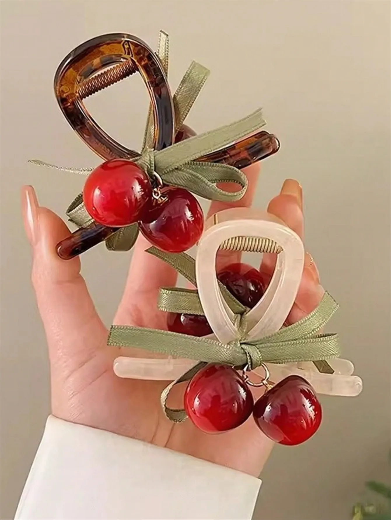 1 Women\'s new summer French Cherry Bow hair grab Cherry grab clip back head bun High ponytail half Shark claw headpiece