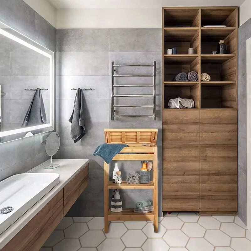 وحدة رفوف من الخيزران الطبيعي مع 3 أرفف خزانة من الأرض إلى السقف رف عرض تخزين المطبخ الحمام خطة مفتوحة #4