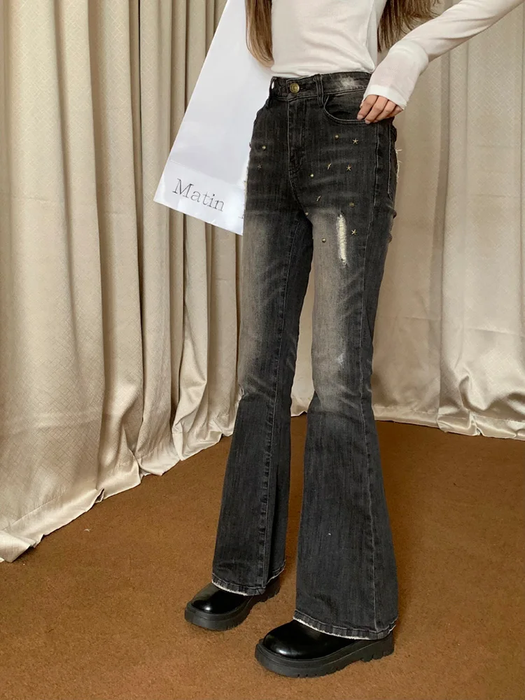 

Slergiri Retro Washing Ripped Flare Jeans Streetwear Women Spring Fashion Y2k Rivet Low Waist Full Length Denim Trousers 2024