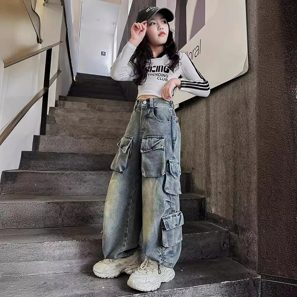 Girls Denim Pants Extra Large Pockets Hip Hop Performances and Everyday Adventures Kids Jeans Outdoor Activities Travel Pants