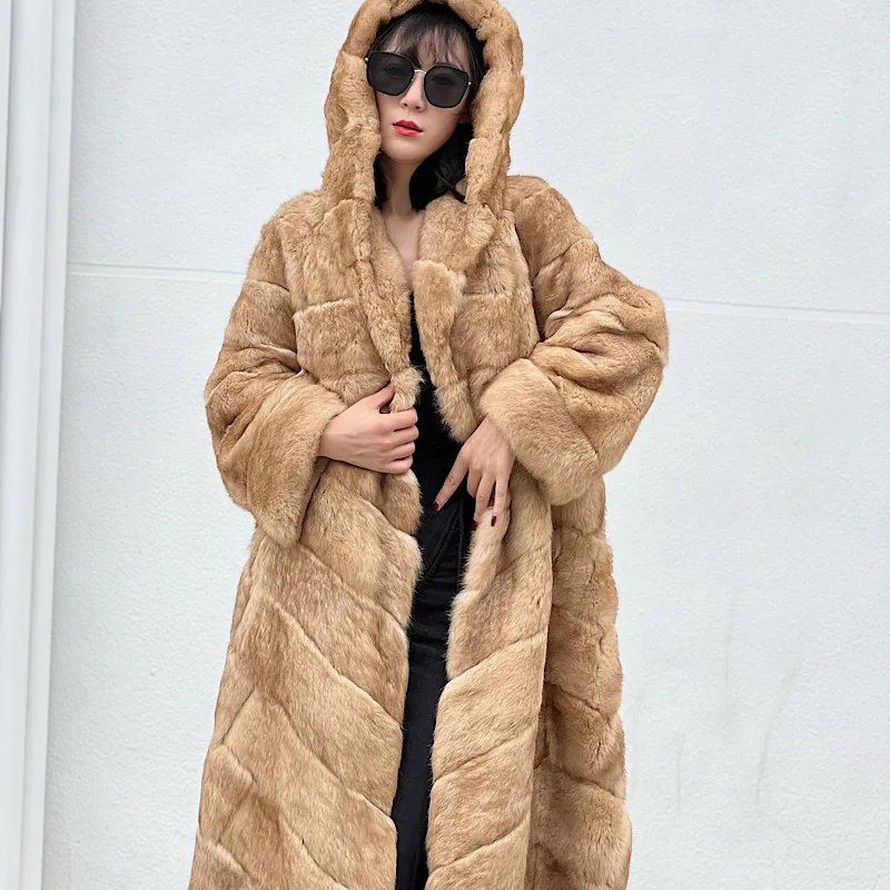 2023Women Real Rabbit Fur Coats With Natural Whole Skin Genuine Rabbit Fur Long Coat Hooded Winter New