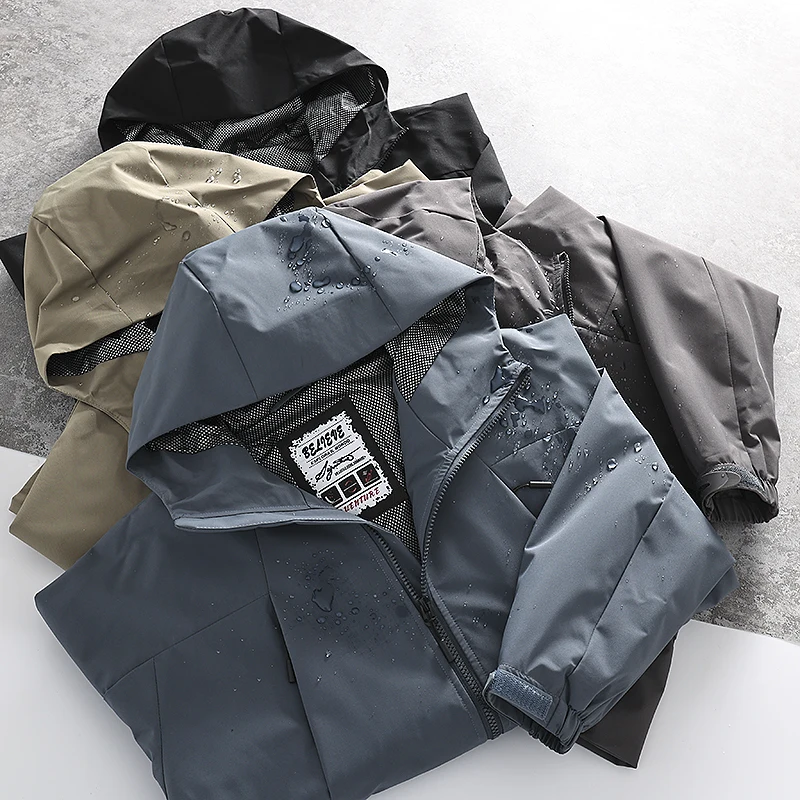 

Casual Hooded Waterproof Jacket Men's Spring New Style Bird Military Design Windproof Outerwear Standard Fit Polyester Fiber