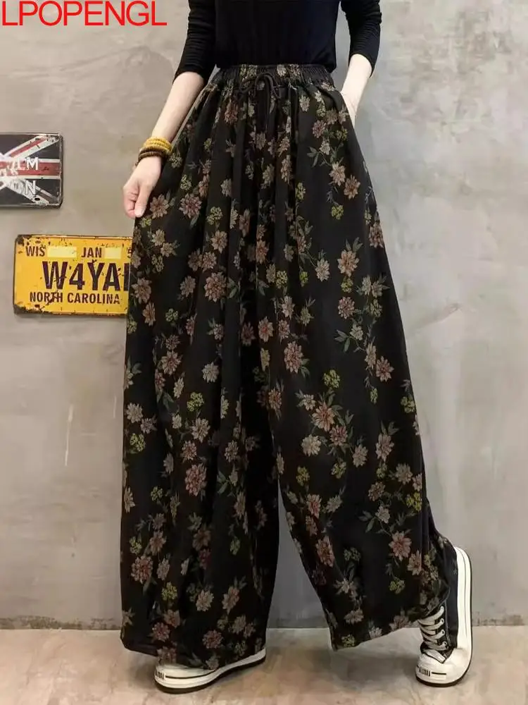 

New Women's Autumn 2024 Ethnic Style Elastic Waist Loose Floral Wide-leg Pants Printed Long Casual Straight Drawstring Trousers