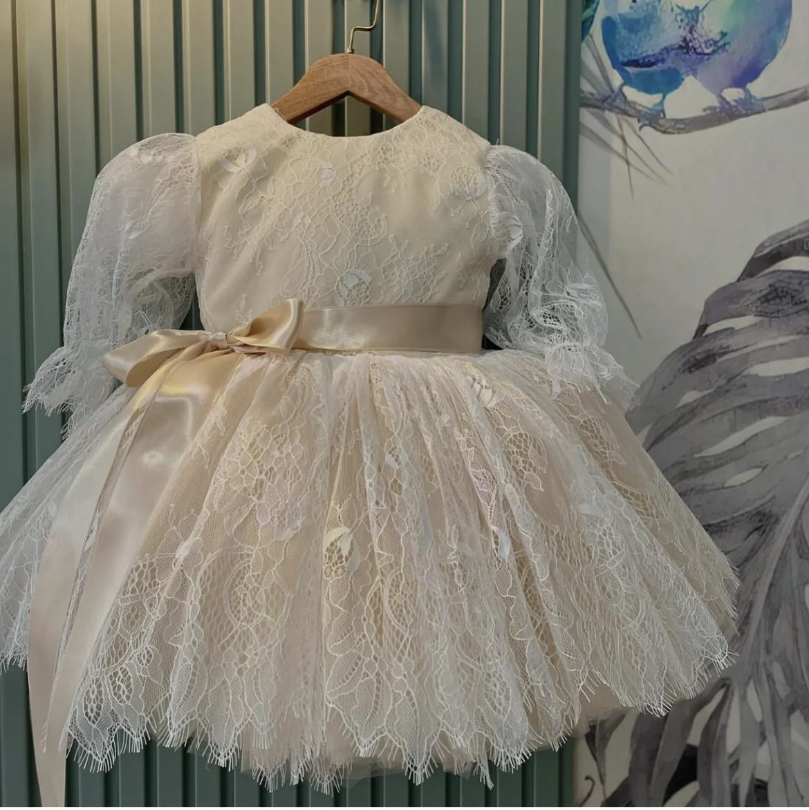 Baby Girl Summer Beige Exquisite Lace Turkish Vintage Princess Ball Gown Dress for Birthday Holiday Eid Photography B88