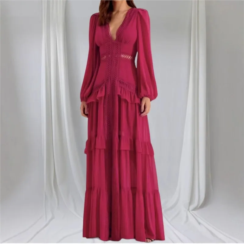 Moda elegância feminina longo maxi vestido 2025 rendas profundo decote em v manga cheia em camadas babados bordas vestidos de festa rua