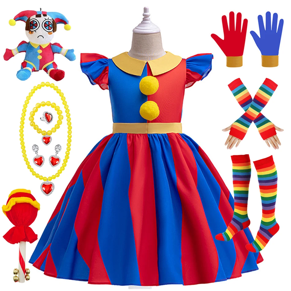 Kids Pomni Cosplay Costume Digital Circus Children Clown Dress Girls Halloween Carnival Party Outfits Role Playing Clothing