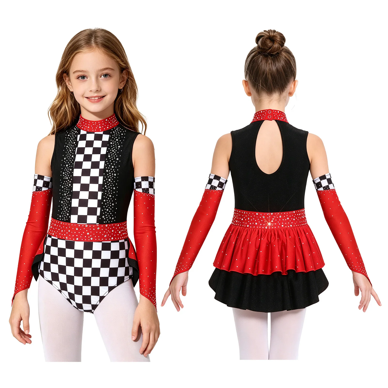 

Kids Girls Racer Ice Skating Dance Costume Sparkly Rhinestones Bodysuit Dress with Sleeves Gymnastics Acrobatics Ballet Leotard