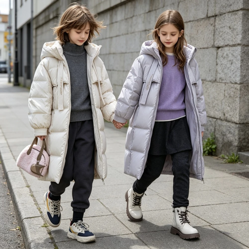 Winter Girls Long Down Jacket White Duck Feather Puffer Coat Hood Thicken Warm Outerwear for Kids Teens Casual Parkas Age 4-15