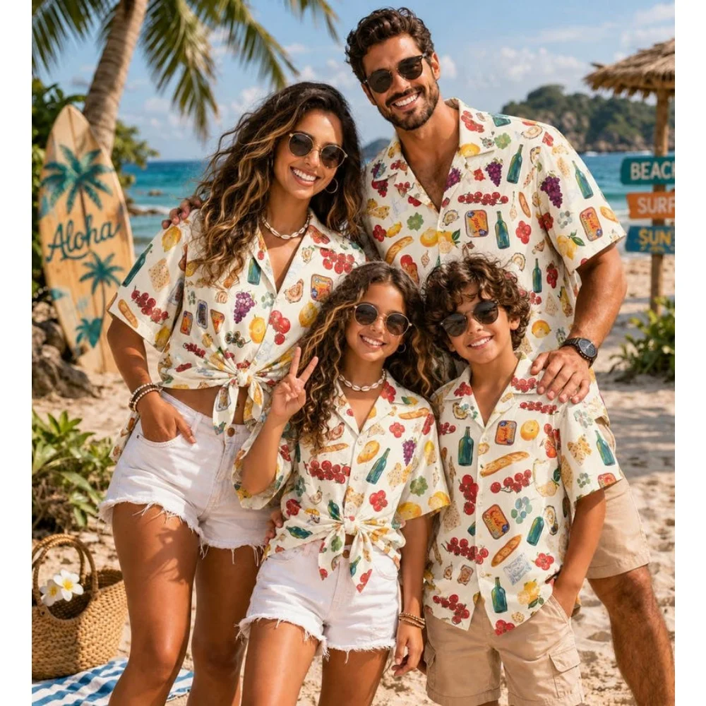 Summer Men's Family Wear Beach Hawaiian Shirt Tropical Sandcastle Palm Tree Vacation Casual Outfit Tops