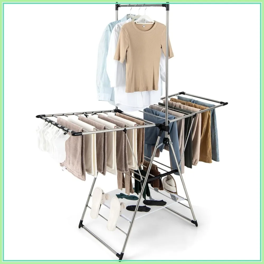 Foldable Clothes Drying Rack, 6-Level Adjustable Height, Space Saving Laundry Rack with Side Clips