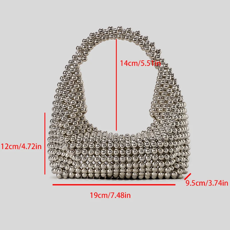 Luxury Silver Handmade Beaded Dinner Bag Women's Bag Vintage Pearl Woven Handbag Fashion Armpit Bag