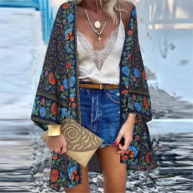 Boheemse Lange Mouw Vrouwen Vest Zomer Open Voorkant Bloemenprint Blouse Kimono Vrouwelijke Casual Losse Strand Tops Plus Size