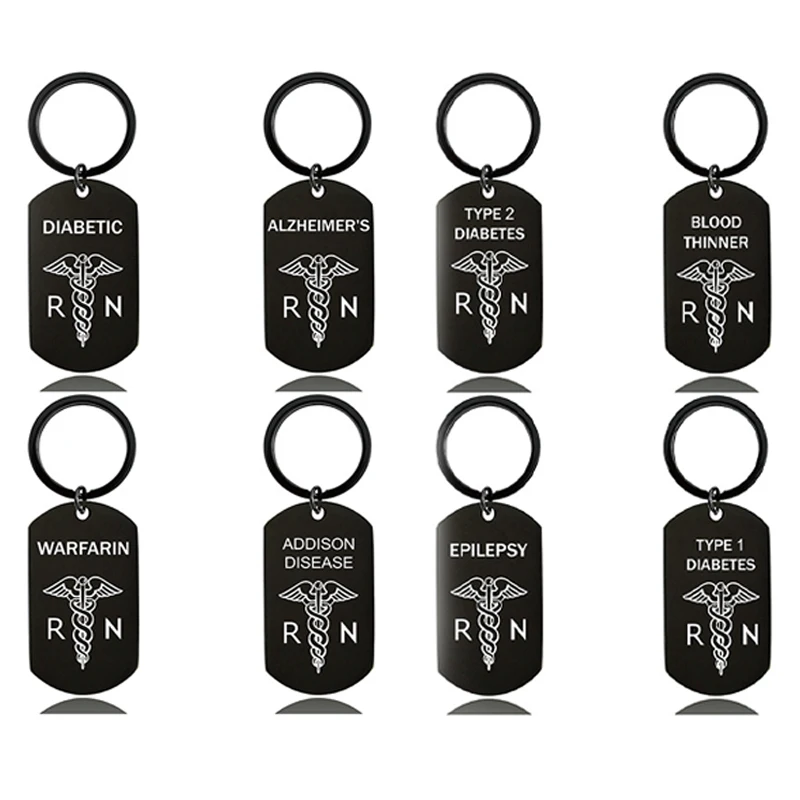 Diabetes All Black Dog Tag Key Chains Snake Stick Star of Life Pattern Stainless Steel Black Keyring for Unisex Jewelry Gifts