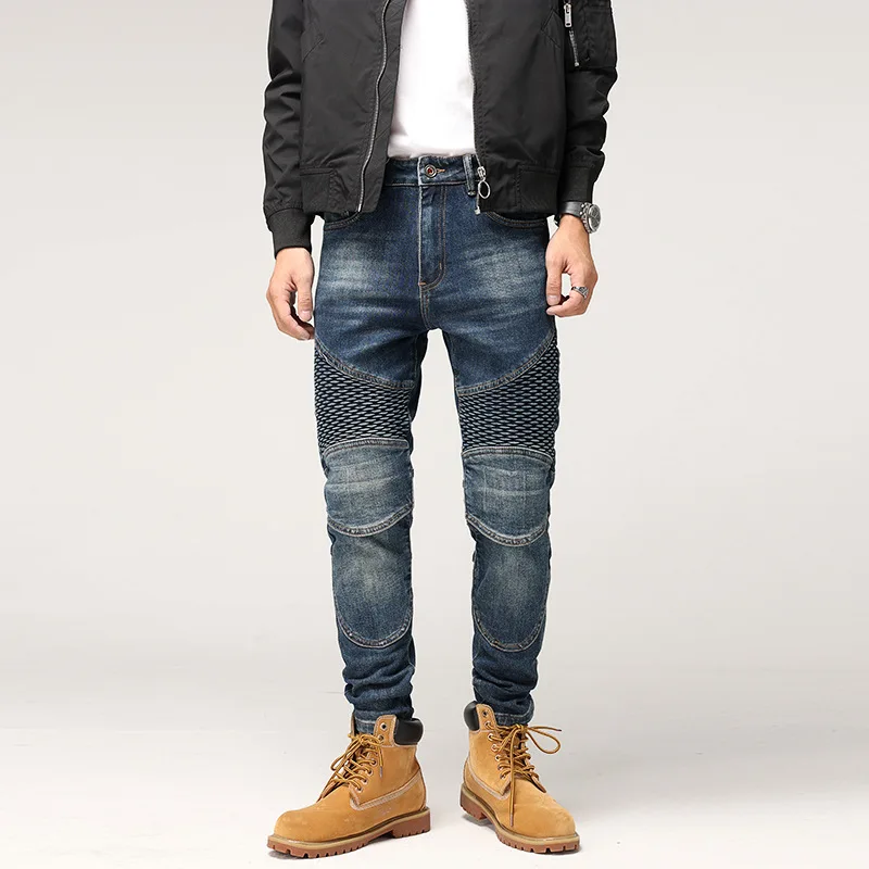 Đầm Dạo Phố Quần Jean Thời Trang Nam Retro Xanh Dương Thun Co Giãn Ôm Vừa Spliced Biker Jean Homme Vá Nhà Thiết Kế Hip Hop Quần Hombre