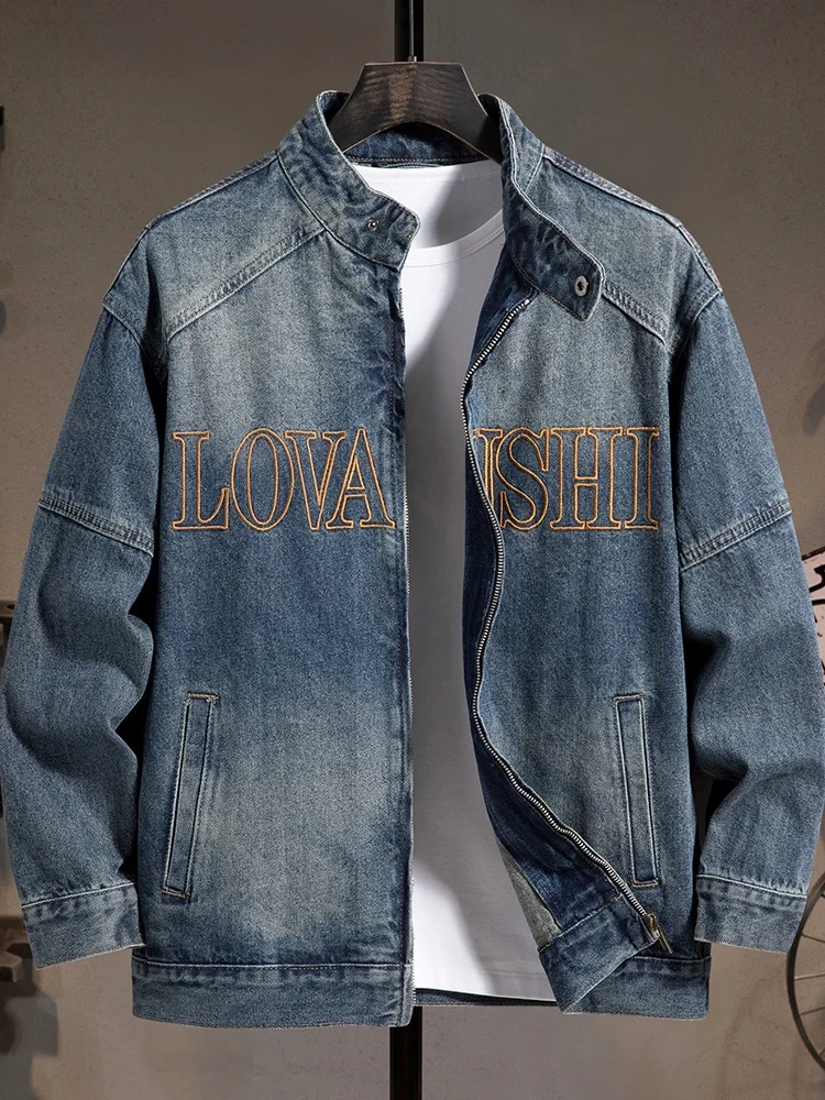 

Loose Fit Motorcycle Sle Zipper Denim Jaet for Young Men Casual Vintage Cotton Polyester Blend Anti-Wrinkle Outerwear