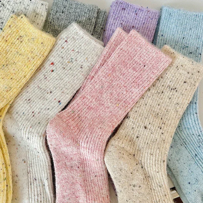 1/5pairs Winter Cashmere Wool Women Socks Casual Japanese Fashion Solid Color Thicker Long Sock Girls Thermal Warm Crew Sock