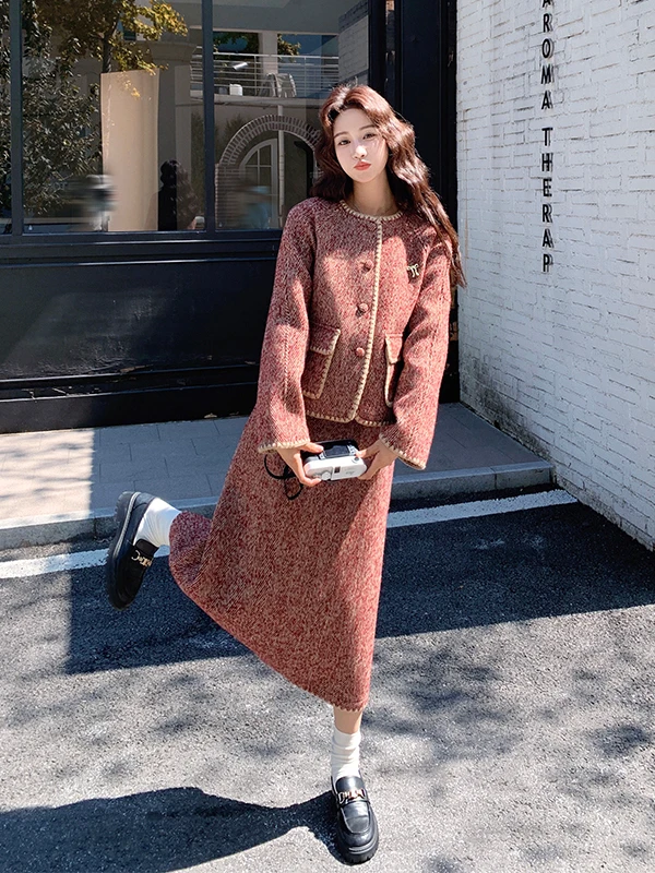 

Thickened Cotton Lined Woolen Skirt Set Women's Autumn Winter Fashion Casual Style High Waist Pure Color Two Piece Suit
