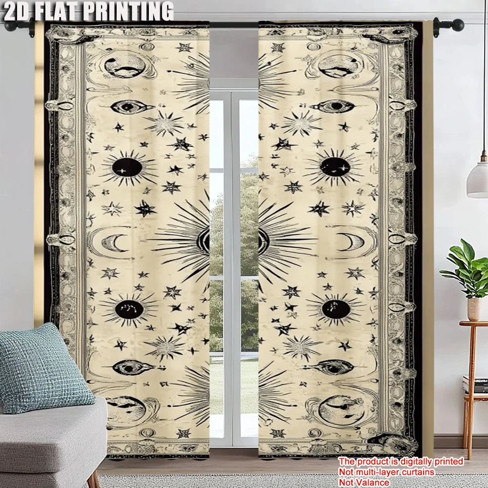 

2Pcs Bohemian Moon Sun Window Curtain Vintage Star Design Polyester Material Rod Pocket Drapes For Bedroom Living Room