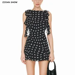 2024 Sexy Round Collar Black With White Dot Print Tassel Backless Dress Women Back Zipper Slim Waist Package Hips Mini Tank Robe