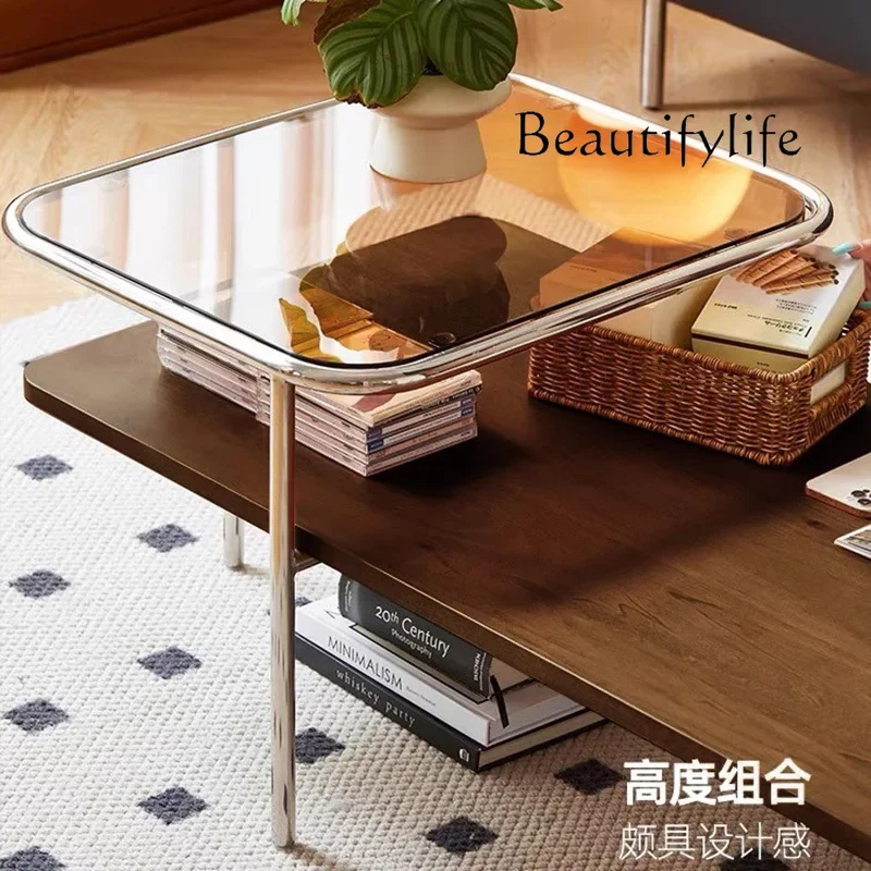 Vv XX ​​Mid Century Modern Solid Wood Coffee Table 2-Tier Stainless Steel Frame Tempered Glass Minimalist Luxury Café Furniture