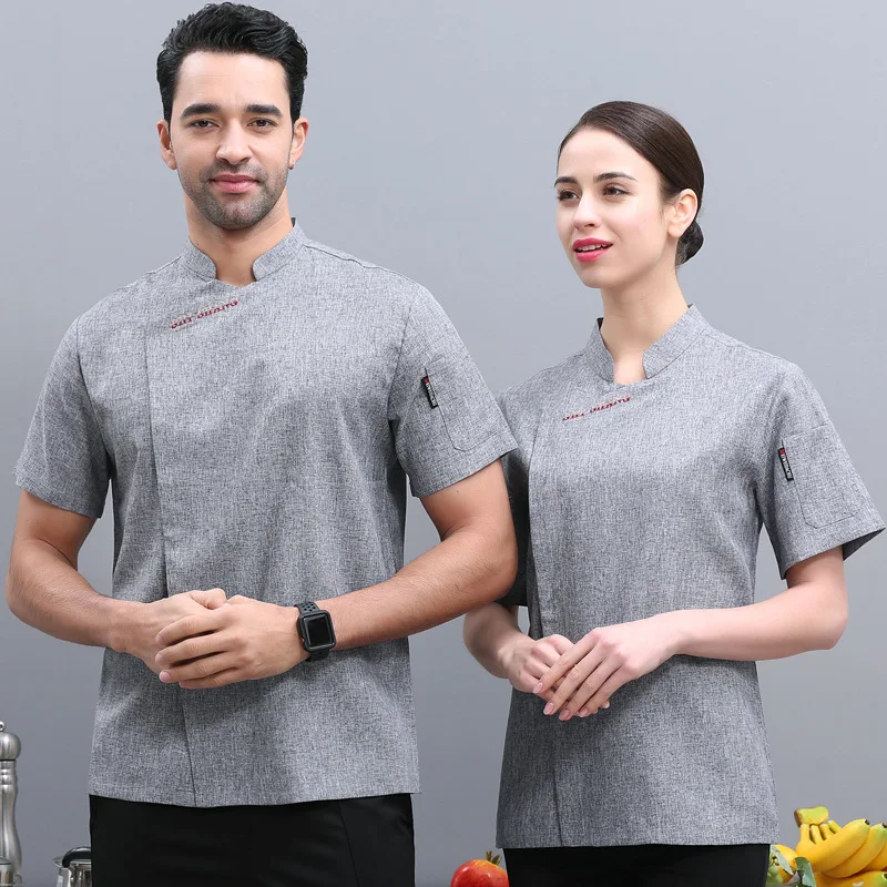 Wholesale Kitchen Work Clothes Thin Summer Clothing Breathable Cool Star Hotel Men and Women Same Gray Linen Chef Uniform