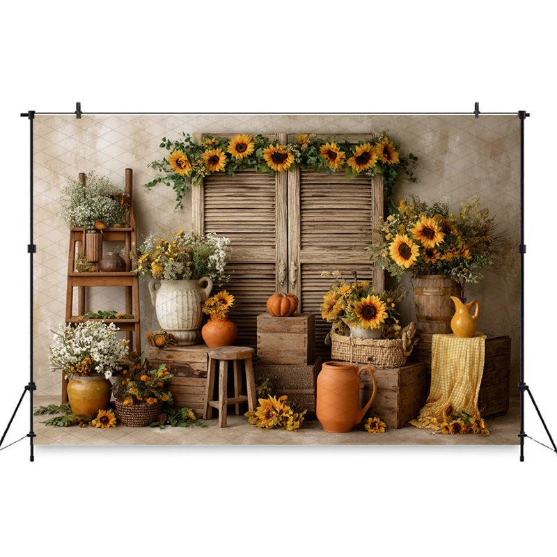 Mocsicka Rustic Sunflower Farmhouse Photography Backdrop Vintage Wood Shutters Background Fall Countryside Photo Shoots Tapestry
