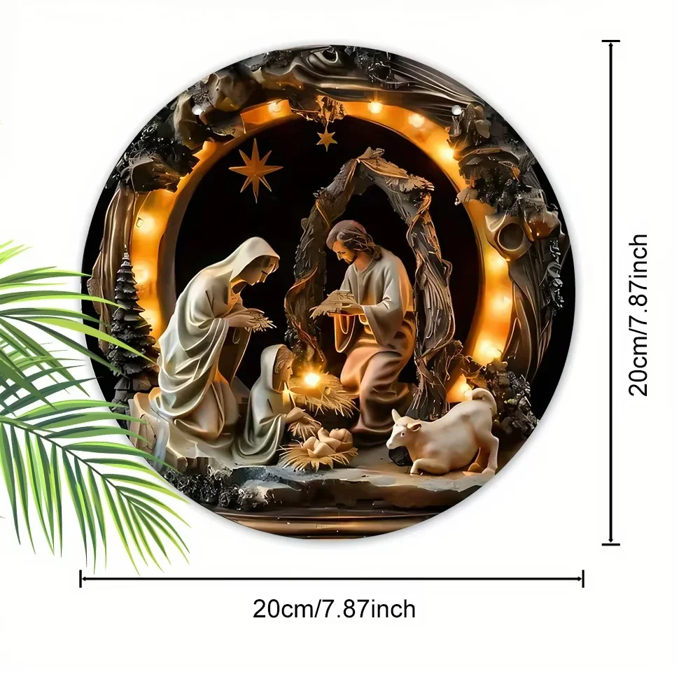 Virgin Mary Nativity Scene Wooden Sign 2D Relief Effect of Jesus Round Christmas Ornament Church Front Door Wall Hanging Decor