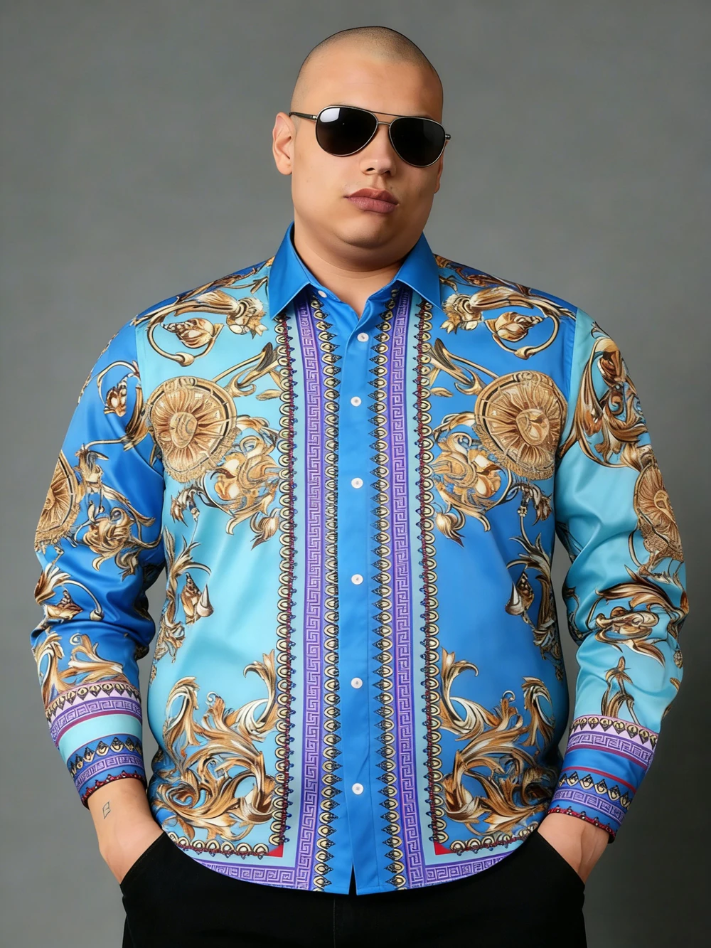 Men Luxury Blue Gold Baroque Scroll Floral Medallion Greek Key Long Sleeve Shirt Turn Down Collar Formal Party Daily Tops