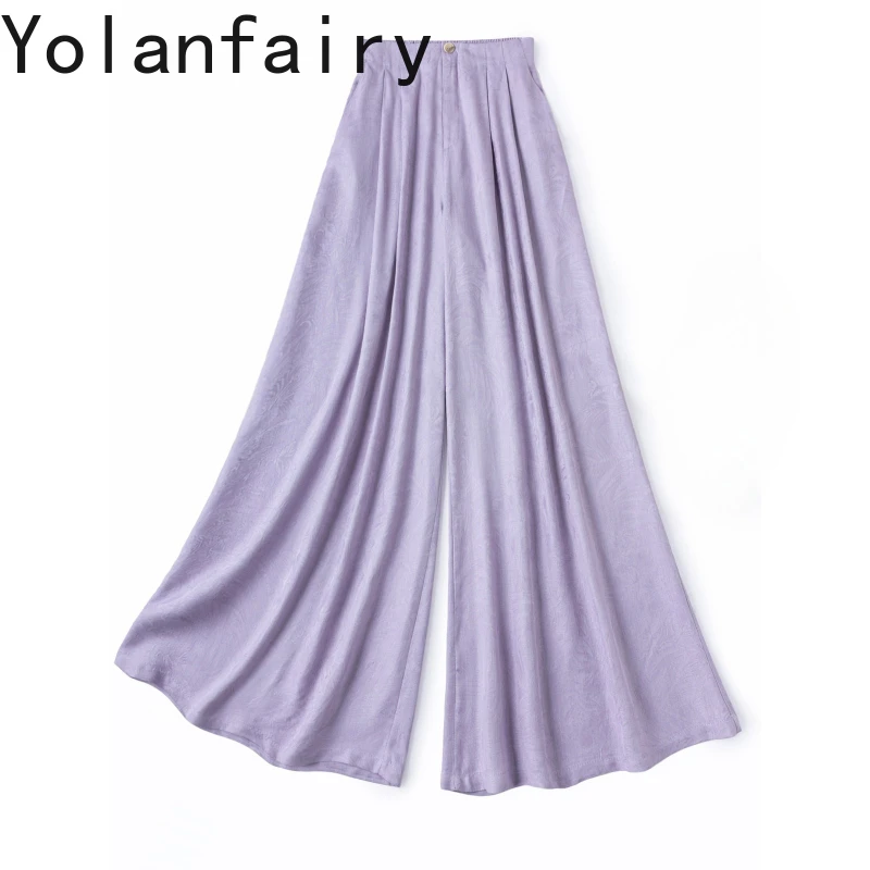 

YOLANFAIRY 100% Натуральные Шелковые Брюки из Тутового Шелкопряда Женская Одежда Весна 2026 Фиолетовые Жаккардовые Брюки Женские Праздничные Широкие Брюки Новинка