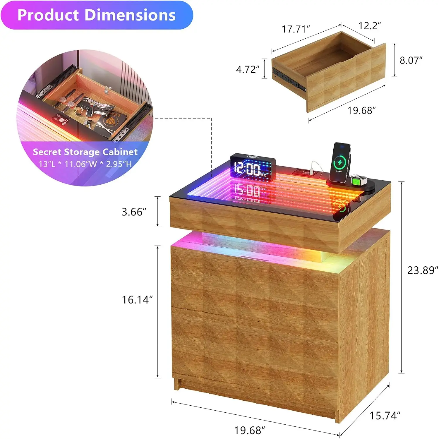 Night Stand with Charging Station & RGB Lights | RGB Lights, Human Body Sensor, Tempered Glass and Sliding Top, 3 Drawers, Hidde