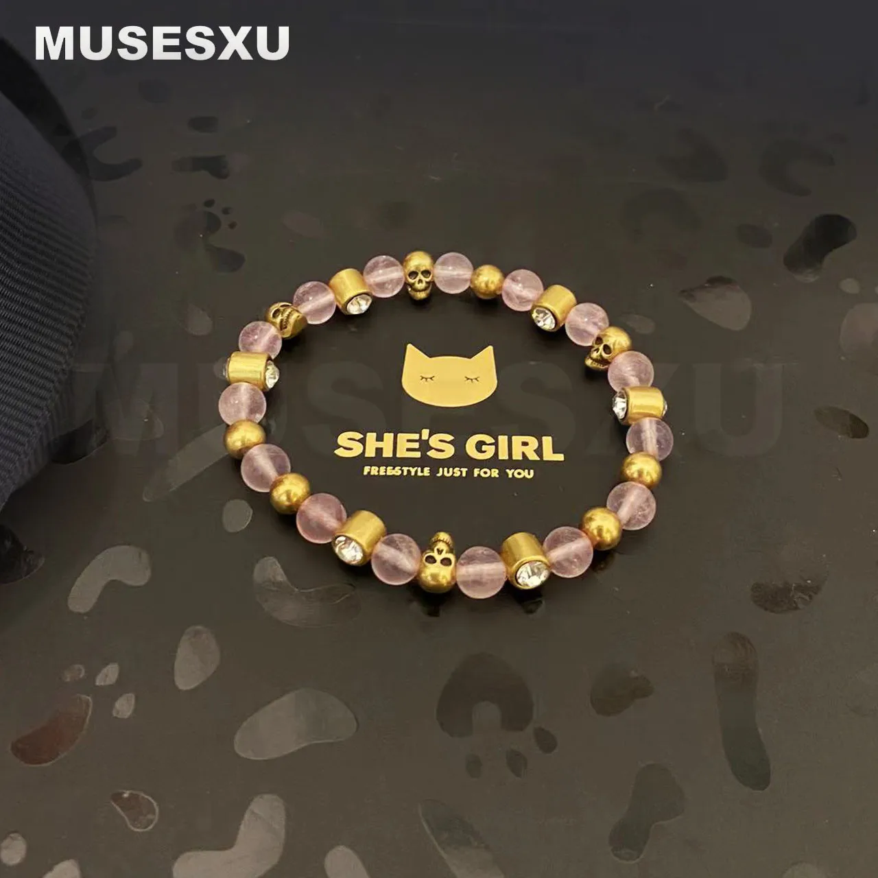 

Jewelry & Accessories Pink Crystal & Golden Skull Head Elasticity Beaded Hip Hop Style Bracelet For Women's & Man's Party Gifts