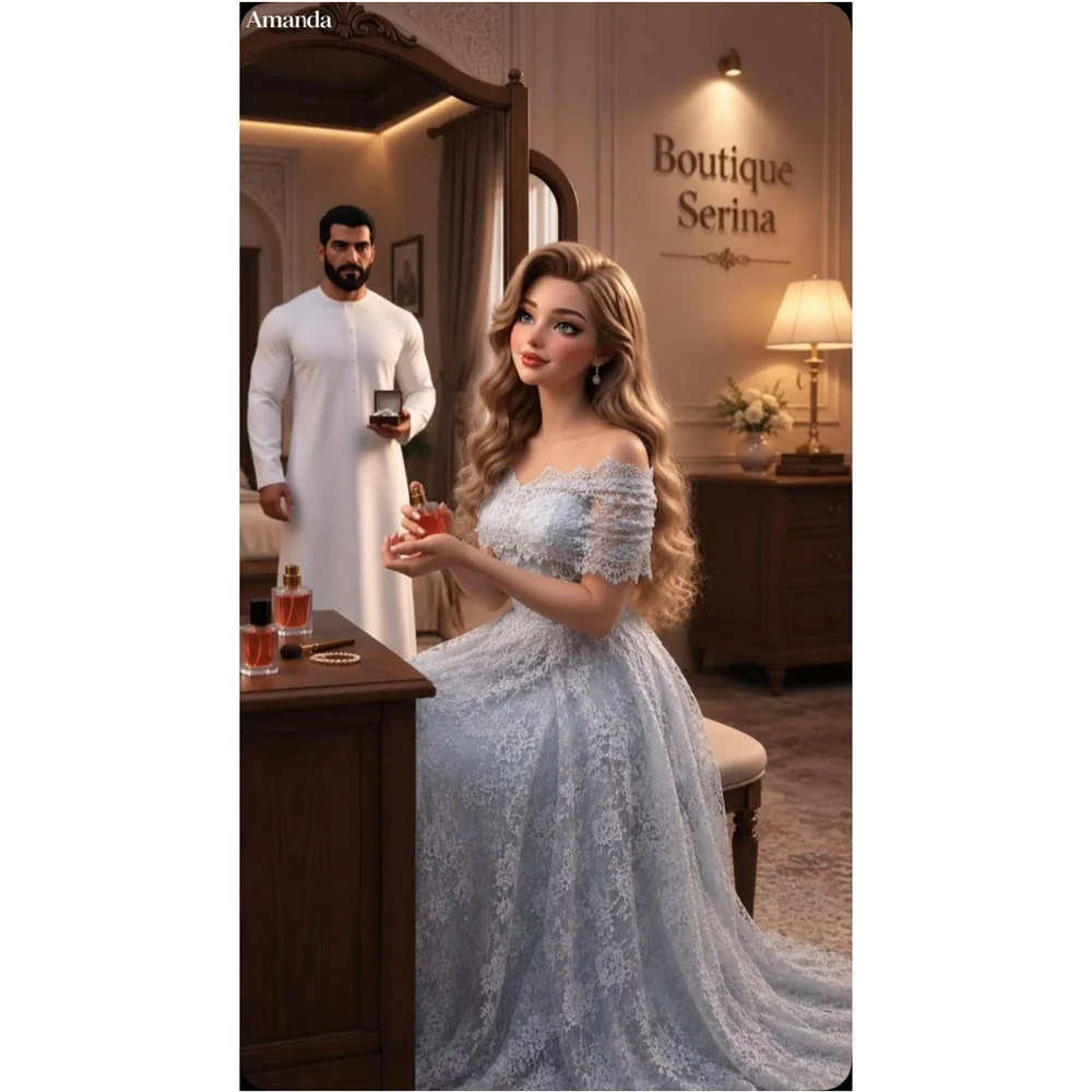 Amanda Customizd Off‑the‑shoulder Floral Lace A‑line Evening gown Prom dresses Floor‑length Dreamy Delicate Wedding guest dress