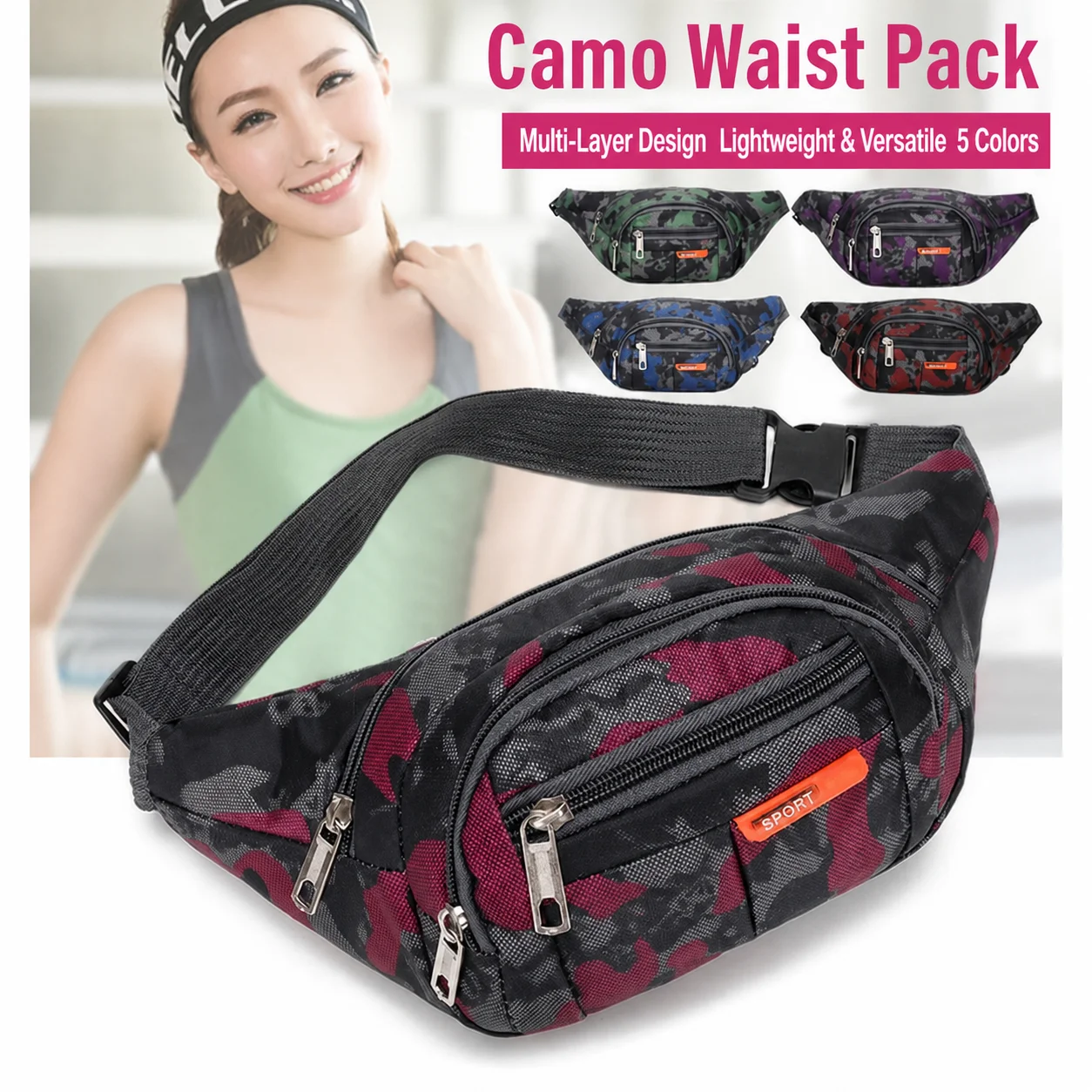 

Camouflage Print Men Waist Bag Pack Purse Waterproof Oxford Large Phone Belt Bag Pouch Women'S Travel Phone Bag Fanny Pack