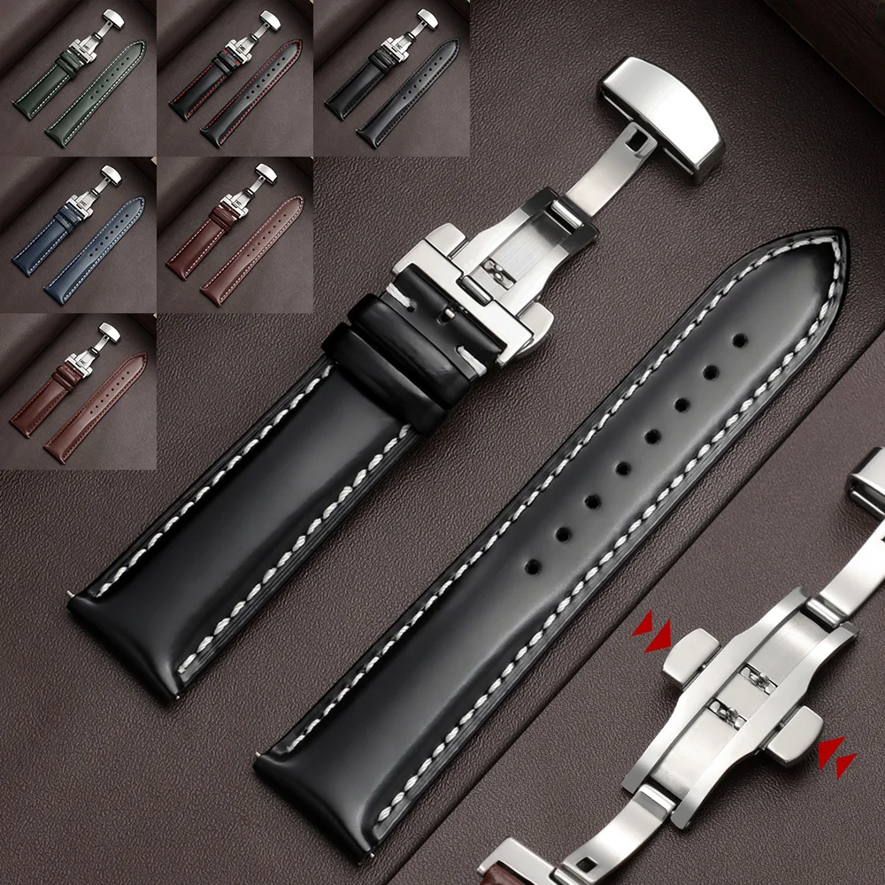 

Glossy Leather Watch Band 18mm 19mm 20mm 21mm 22mm Cowhide Watch Strap for DW for Seiko Quick Release Butterfly Buckle Bracelets