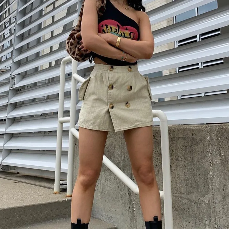 Estate moda femminile nuovi prodotti Street stile retrò tasca bottone cucitura gonna femminile tasca bottone cuciture gonna