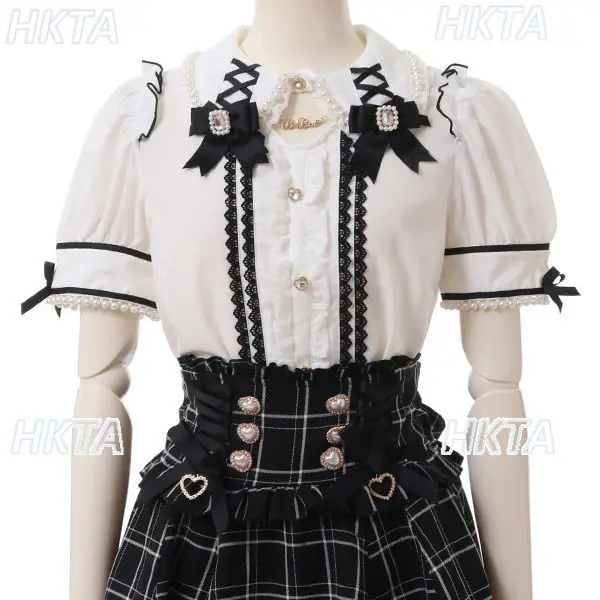 Japanese Mass Produced Rhinestone Hollow Bow Lace Chiffon Shirt Contrasting Top Pleated Sweet Lolita Short Sleeved Blusas Women