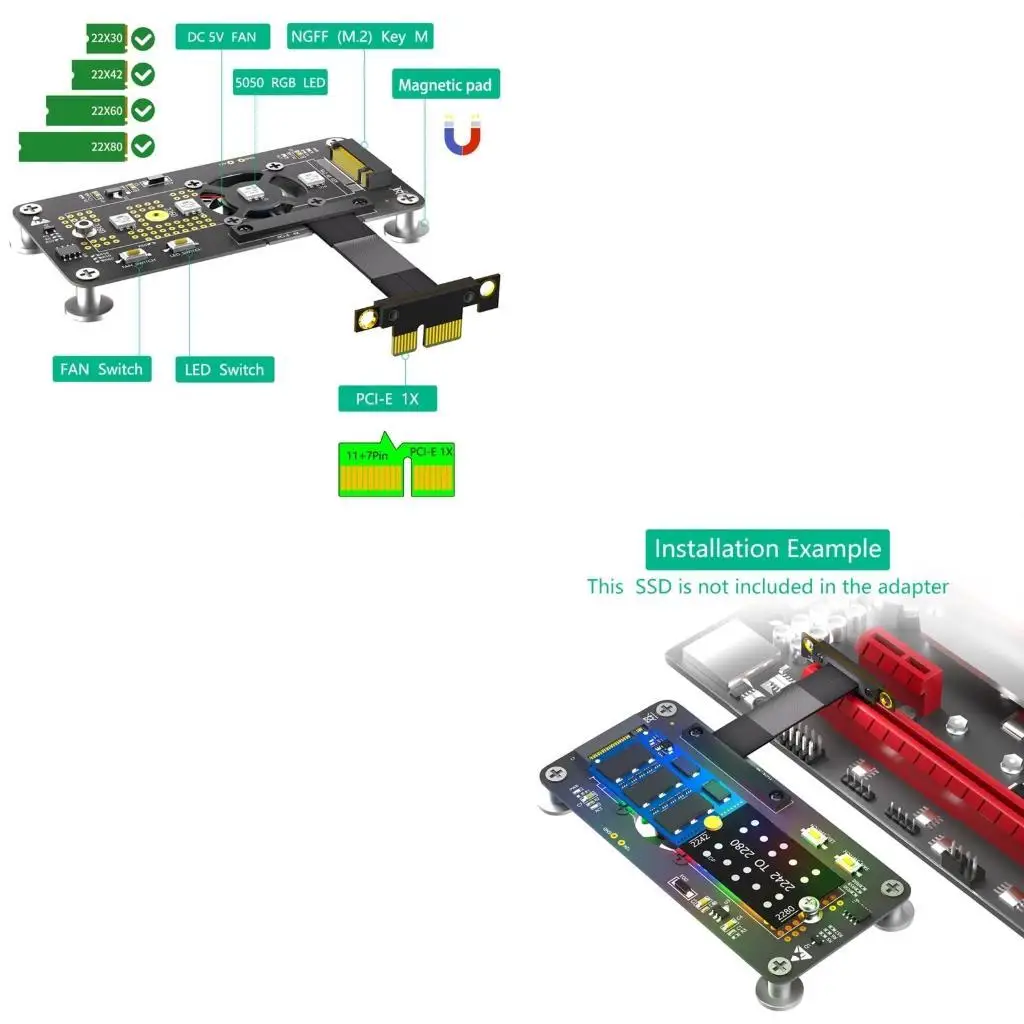 

652F PCIExpress PCIE3.0 1X to NGFF M.2 M Slot NVME SSDs Converters Adapter Card with Fast Speed Extension Cable